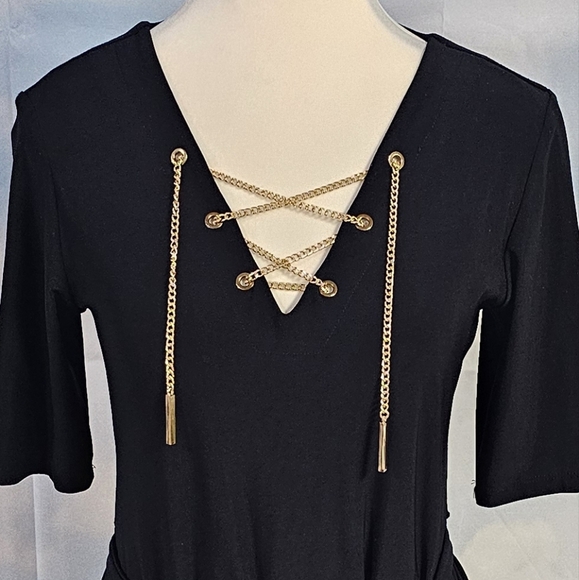 MSK | GOLD CHAIN EMBELLISHED HIGH ELBOW SLEEVE KNEE LENGTH DRESS - Picture 11 of 16